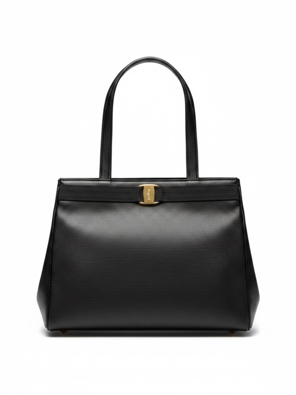 Salvatore Ferragamo Black Leather Tote with Gold Logo Accent
